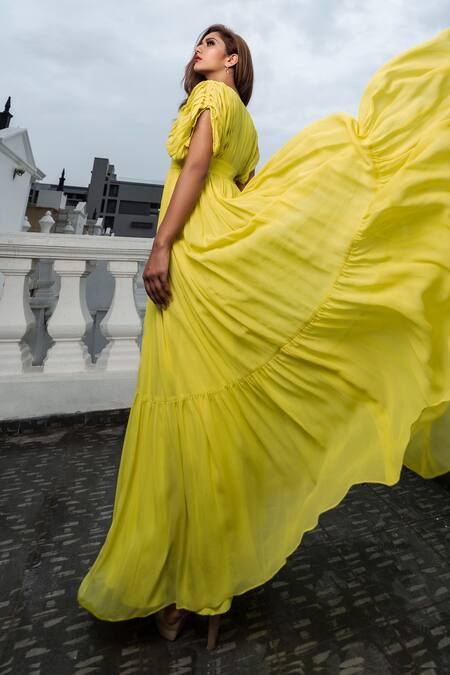 Shop_Pinup By Astha_Yellow Georgette Plain V Neck Draped Gown _Online_at_Aza_Fashions