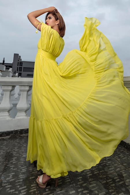 Pinup By Astha_Yellow Georgette Plain V Neck Draped Gown _at_Aza_Fashions