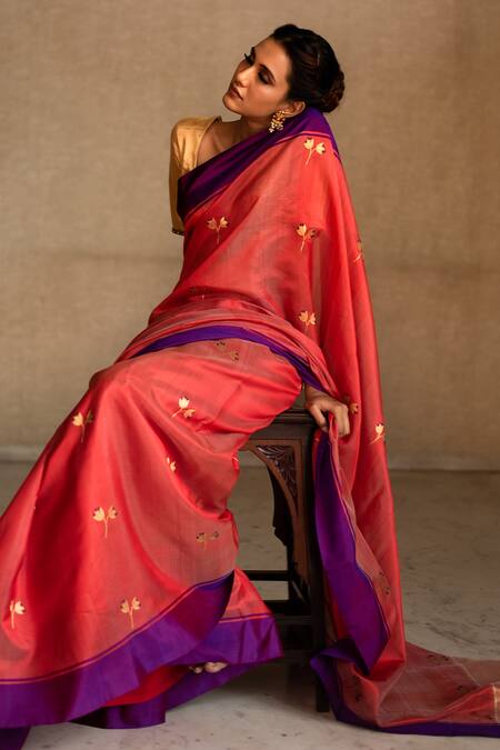 Buy_Priyanka Raajiv_Pink Silk Chanderi Thread Saree_Online_at_Aza_Fashions