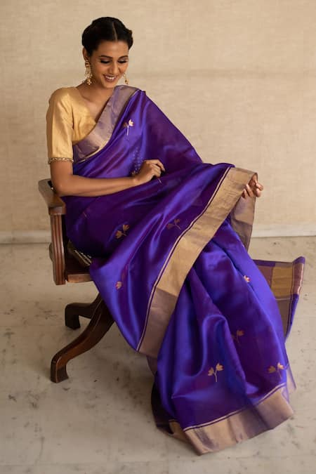 Priyanka Raajiv_Purple Silk Chanderi Thread Saree _Online_at_Aza_Fashions
