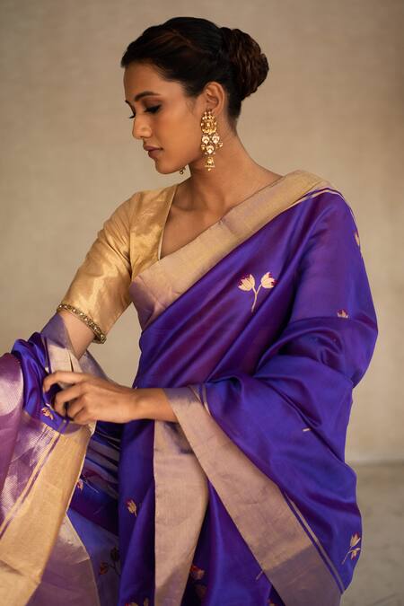 Buy_Priyanka Raajiv_Purple Silk Chanderi Thread Saree _Online_at_Aza_Fashions