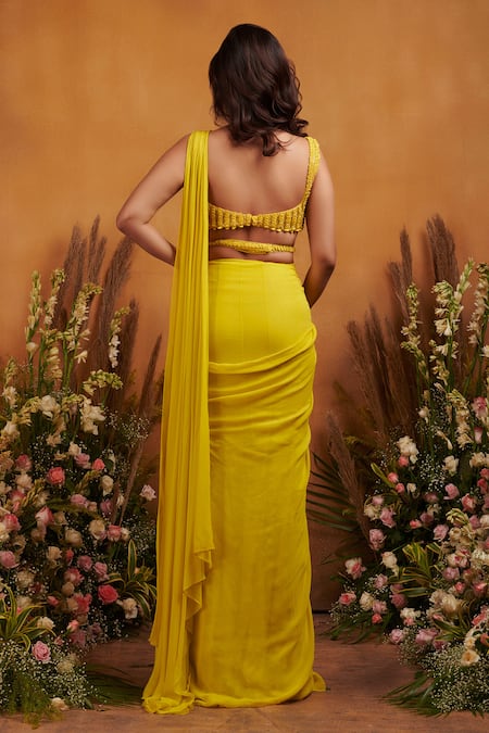 Shop K & A By Karishma And Ashita Yellow Net, Georgette, Shantoon Floral Daffodils Pre-draped Saree With Blouse at Aza Fashions Shop_K & A By Karishma And Ashita_Yellow Net, Georgette, Shantoon Floral Daffodils Pre-draped Saree With Blouse _at_Aza_Fashions