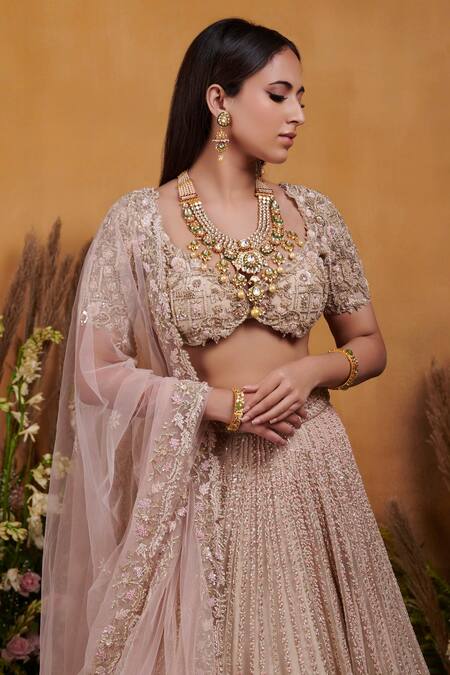 K & A By Karishma And Ashita_Ivory Net, Shantoon Cutdana, Resham, Sequin, Embroidered Bridal Lehenga Set_Online_at_Aza_Fashions