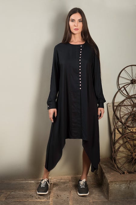 Chillosophy Black Cotton Silk Round Asymmetric Tunic  