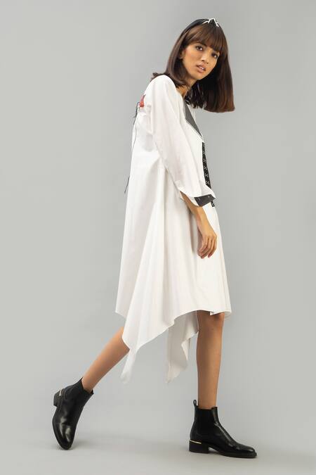 Chillosophy_White Cotton Poplin Round Asymmetric Dress_Online_at_Aza_Fashions