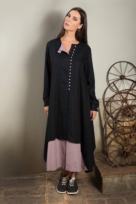 Chillosophy_Black Cotton Silk Round Asymmetric Tunic_Online_at_Aza_Fashions