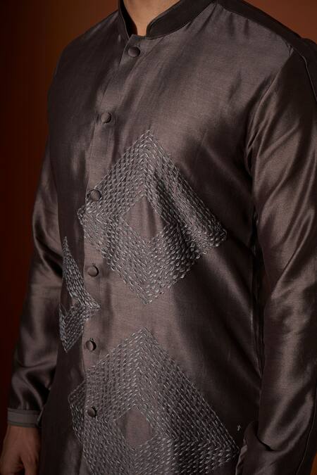 Kaaj Button X AZA_Grey Chanderi Silk, Lining Satin Geometric Pattern Embroidered Kurta Set _Online_at_Aza_Fashions