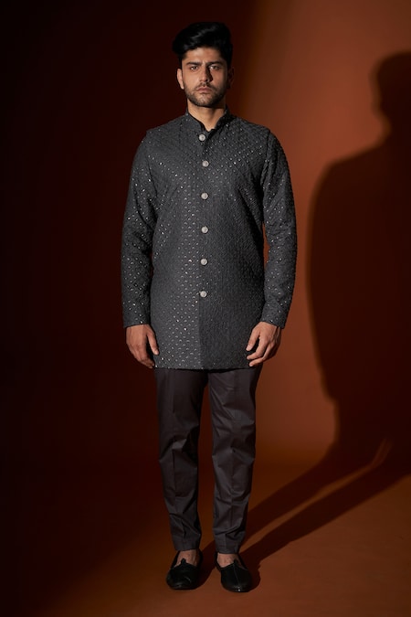 Kaaj Button X AZA Grey Suiting Cutdana Chessboard Embroidered Bundi And Kurta Set 
