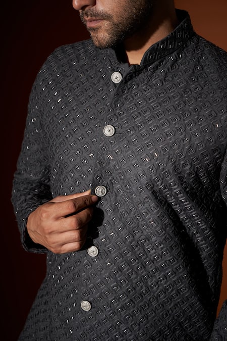 Kaaj Button X AZA_Grey Suiting Cutdana Chessboard Embroidered Bundi And Kurta Set _Online_at_Aza_Fashions
