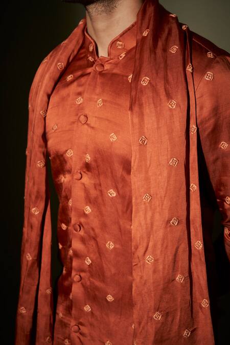 Kaaj Button X AZA_Brown Linen Lining Thread Embroidered Kurta And Pant Set _Online_at_Aza_Fashions