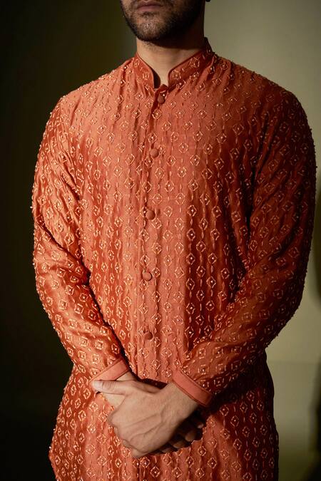 Kaaj Button X AZA_Brown Chanderi Silk Lining Satin Thread Kurta And Pant Set _Online_at_Aza_Fashions