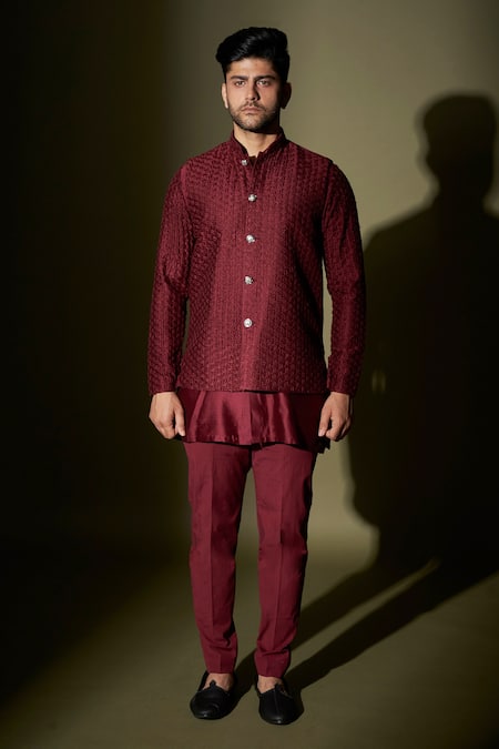 Kaaj Button X AZA Maroon Chanderi Silk, Lining Satin Thread Work Embroidered Bundi And Kurta Set 
