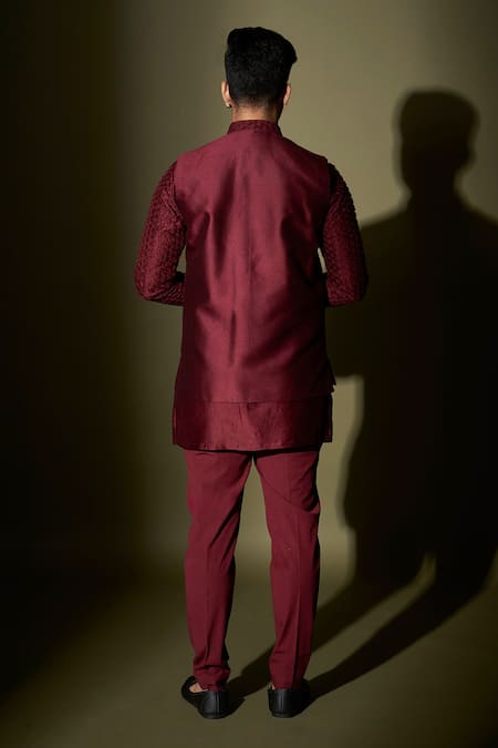 Shop Kaaj Button X AZA Maroon Chanderi Silk, Lining Satin Thread Work Embroidered Bundi And Kurta Set at Aza Fashions Shop_Kaaj Button X AZA_Maroon Chanderi Silk, Lining Satin Thread Work Embroidered Bundi And Kurta Set _at_Aza_Fashions