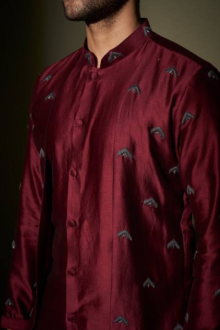 Kaaj Button X AZA_Maroon Chanderi Silk Lining Satin Thread And Cutdana Kurta & Pant Set _Online_at_Aza_Fashions