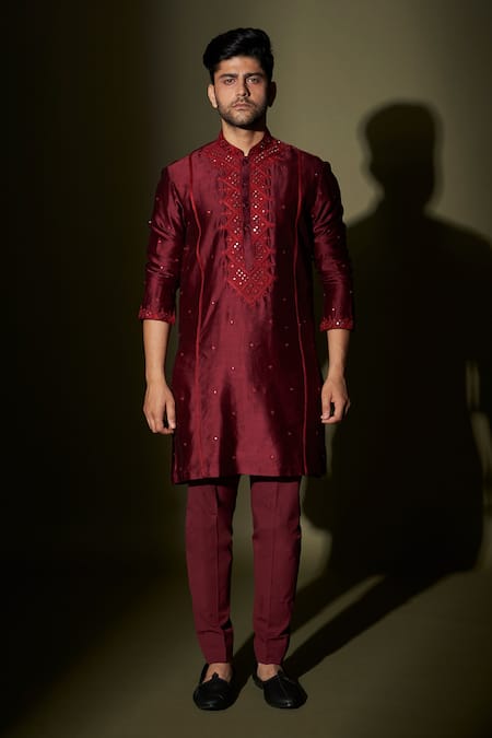Kaaj Button X AZA Maroon Chanderi Silk, Lining Satin Mirror Work Embroidered Kurta Set 