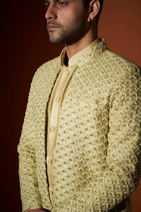 Kaaj Button X AZA_Green Chanderi Silk, Lining Satin Geometric Pattern Bandhgala And Kurta Set _Online_at_Aza_Fashions