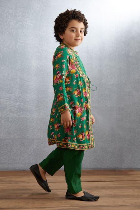 Shop_Torani_Green Kurta- Cotton Silk Floral Panna Naaz Set  _at_Aza_Fashions