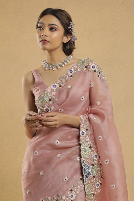 Khushboo Bagri_Purple Silk Organza Scoop Neck Embroidered Saree_Online_at_Aza_Fashions