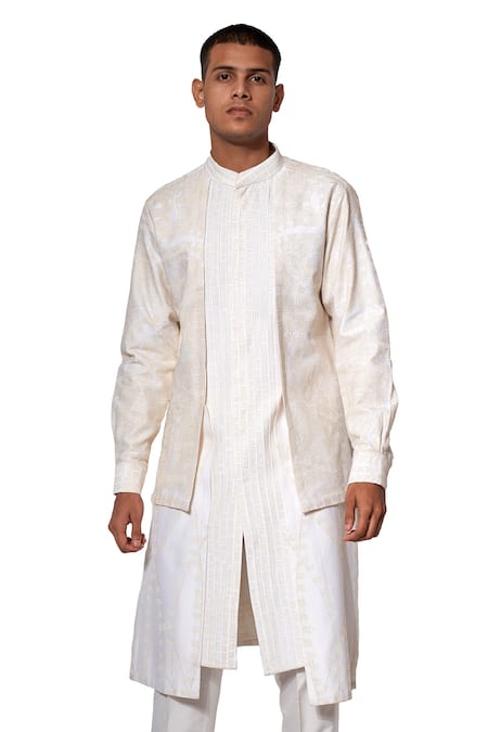 Amaare White Cotton Silk Embroidered Layered Kurta Set 