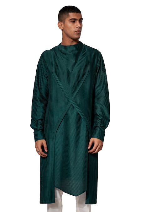 Shop Amaare Green Cotton Silk Asymmetric Pintuck Kurta Set at Aza Fashions Shop_Amaare_Green Cotton Silk Asymmetric Pintuck Kurta Set _at_Aza_Fashions