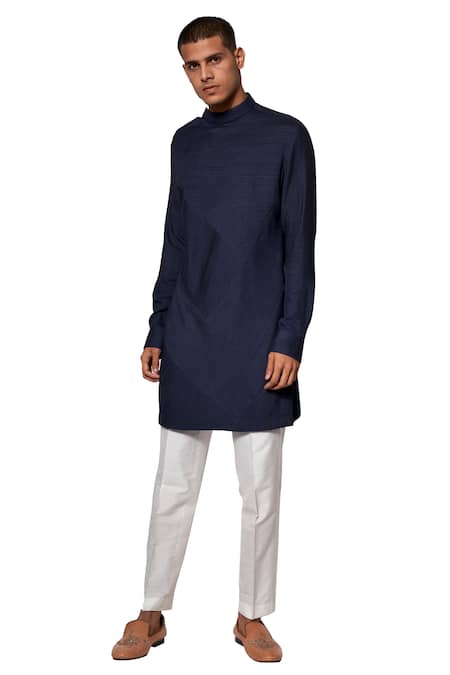 Shop Amaare Blue Cotton Silk Overlap Pintuck Kurta Set at Aza Fashions Shop_Amaare_Blue Cotton Silk Overlap Pintuck Kurta Set _at_Aza_Fashions