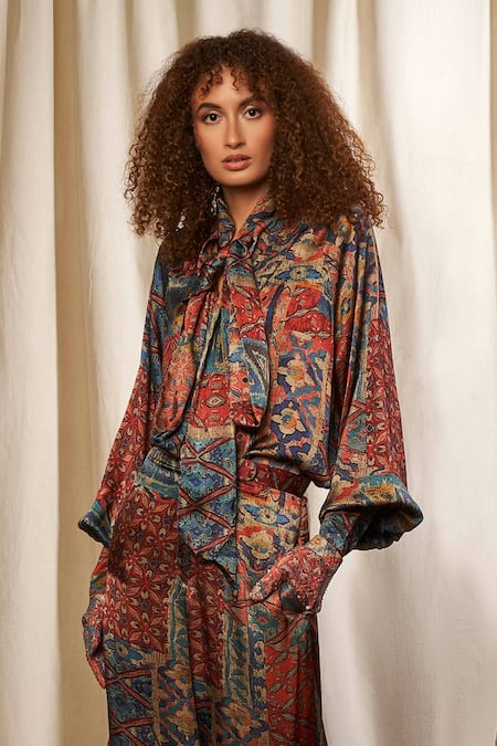 Buy Nikita Mhaisalkar Maroon Satin Silk Printed Blouse at Aza Fashions Buy_Nikita Mhaisalkar_Maroon Satin Silk Printed Blouse_at_Aza_Fashions