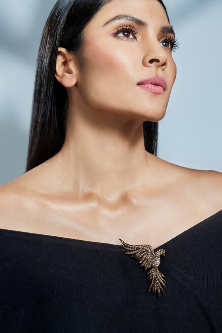 Shop_Confluence_Blue Falcon Motif Crystal Brooch_at_Aza_Fashions