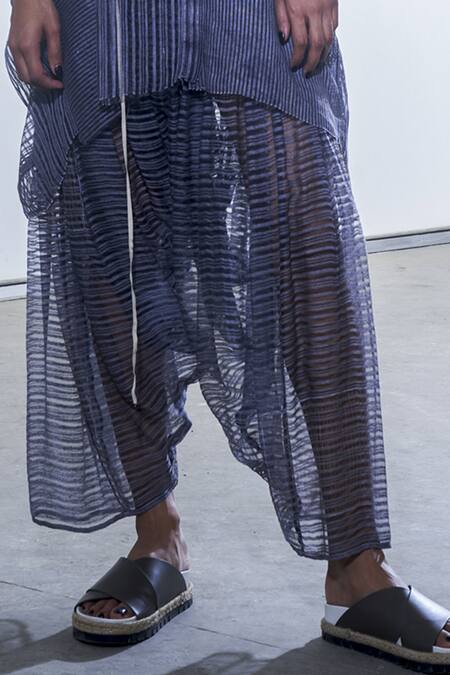 Urvashi Kaur Gray Linen Draped Striped Noil Pants Online at Aza Fashions Urvashi Kaur_Gray Linen Draped Striped Noil Pants _Online_at_Aza_Fashions