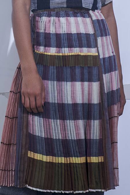 Urvashi Kaur_Pink Kota Doria Silk Striped Pleated Midi Skirt_Online_at_Aza_Fashions