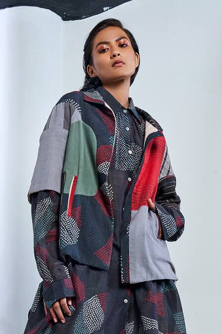 Urvashi Kaur Multi Color Organic Cotton Spread Collar Jacket 