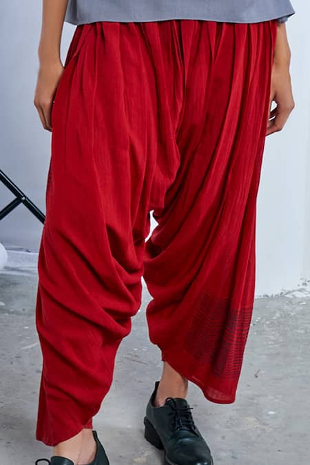 Shop Urvashi Kaur Red Cotton Block Print Cowl Draped Salwar at Aza Fashions Shop_Urvashi Kaur_Red Cotton Block Print Cowl Draped Salwar_at_Aza_Fashions