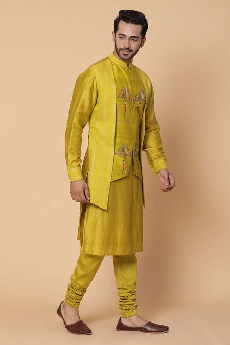 Kudrat Couture_Yellow Chanderi, Lycra, Lurex Umbrella Motifs Layered Embroidered Kurta Set_Online_at_Aza_Fashions