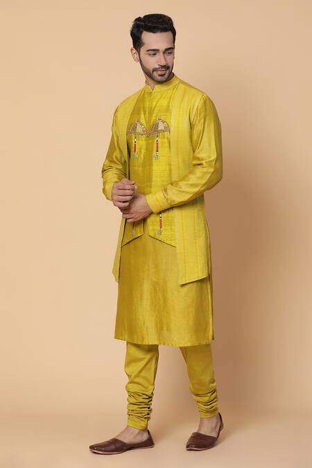 Buy_Kudrat Couture_Yellow Chanderi, Lycra, Lurex Umbrella Motifs Layered Embroidered Kurta Set_Online_at_Aza_Fashions