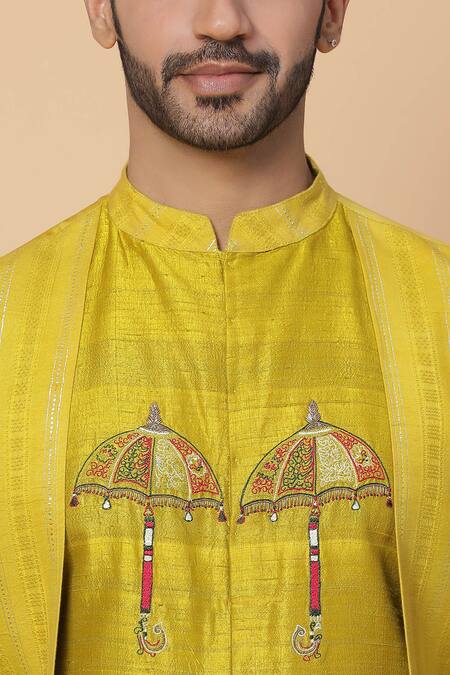 Shop_Kudrat Couture_Yellow Chanderi, Lycra, Lurex Umbrella Motifs Layered Embroidered Kurta Set_Online_at_Aza_Fashions