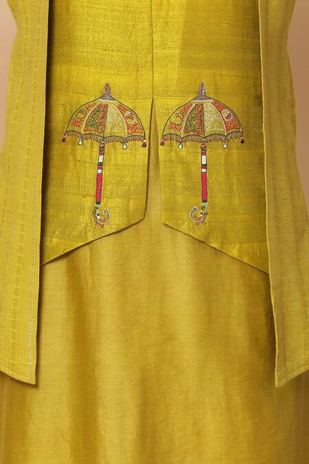 Kudrat Couture_Yellow Chanderi, Lycra, Lurex Umbrella Motifs Layered Embroidered Kurta Set_at_Aza_Fashions
