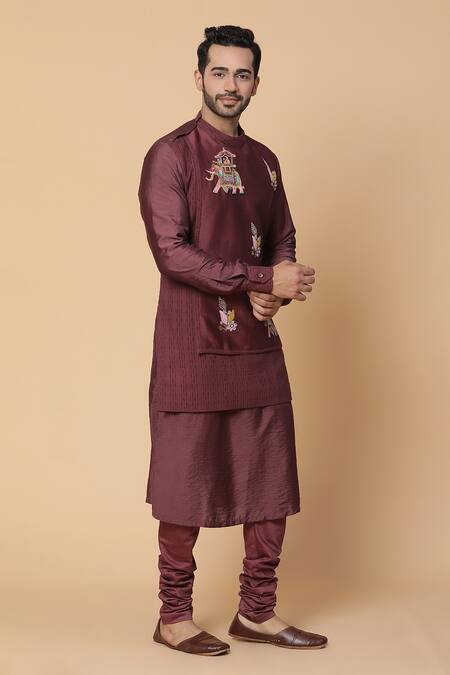 Kudrat Couture_Maroon Chanderi, Lycra, Lurex Elephant And Floral Layered Kurta & Churidar Set_Online_at_Aza_Fashions