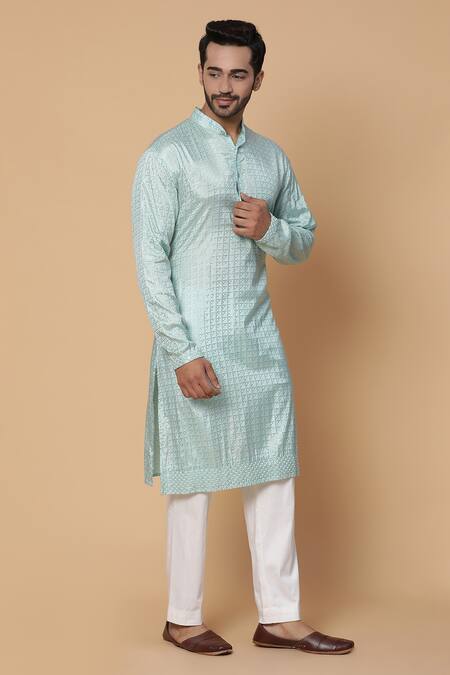 Kudrat Couture_Blue Satin And Cotton Geometric Motif Print Kurta & Pant Set_Online_at_Aza_Fashions