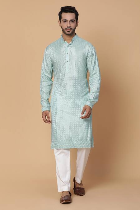 Buy_Kudrat Couture_Blue Satin And Cotton Geometric Motif Print Kurta & Pant Set_Online_at_Aza_Fashions