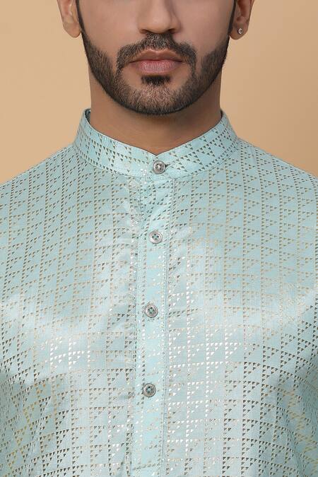 Shop_Kudrat Couture_Blue Satin And Cotton Geometric Motif Print Kurta & Pant Set_Online_at_Aza_Fashions