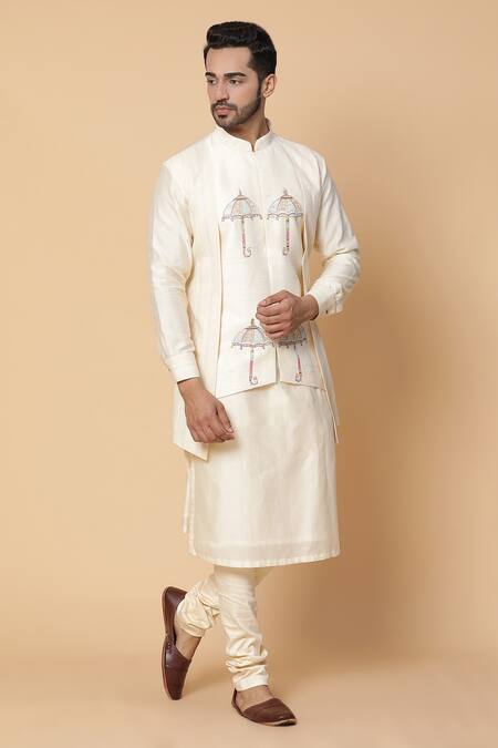 Kudrat Couture_White Chanderi Embroidered Umbrella Motifs Resham Kurta Set_Online_at_Aza_Fashions
