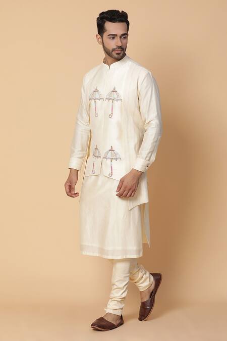 Buy_Kudrat Couture_White Chanderi Embroidered Umbrella Motifs Resham Kurta Set_Online_at_Aza_Fashions