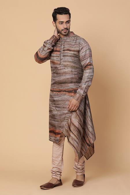 Kudrat Couture_Brown Cotton Marble Pattern Kurta Set_Online_at_Aza_Fashions