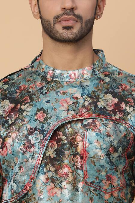 Buy_Kudrat Couture_Blue Silk Printed Floral Motifs Kurta_Online_at_Aza_Fashions