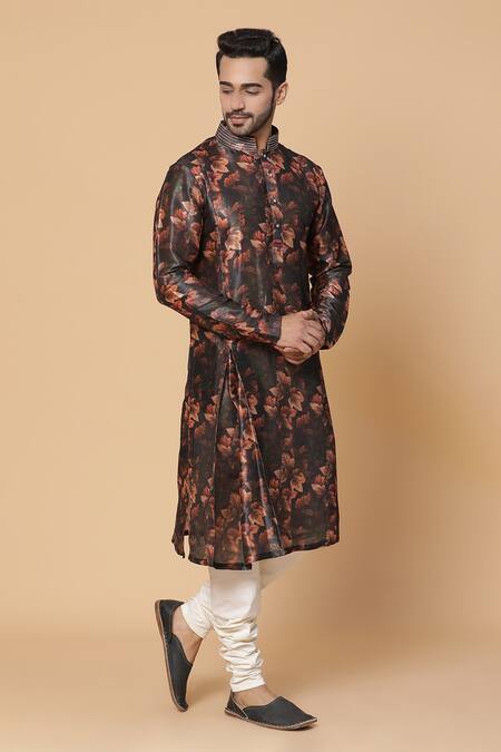 Kudrat Couture_Black Silk Printed Autumn Leaves Leaf Kurta_Online_at_Aza_Fashions