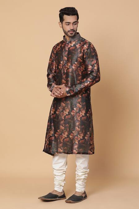 Buy_Kudrat Couture_Black Silk Printed Autumn Leaves Leaf Kurta_Online_at_Aza_Fashions