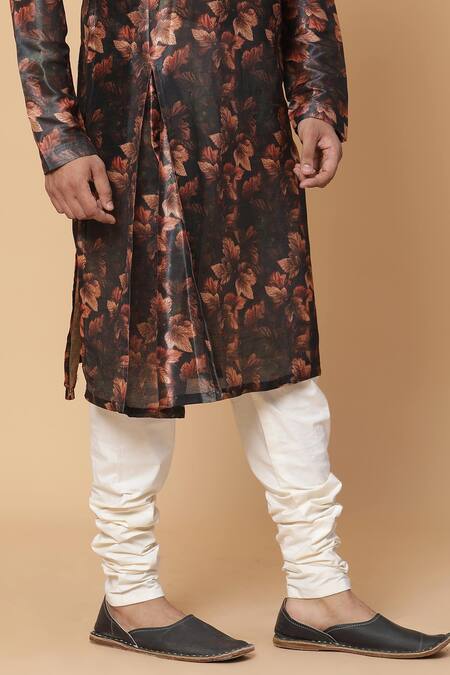 Shop_Kudrat Couture_Black Silk Printed Autumn Leaves Leaf Kurta_Online_at_Aza_Fashions