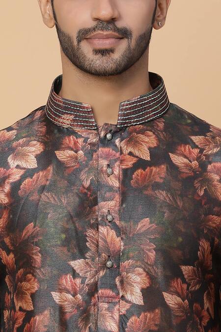 Kudrat Couture_Black Silk Printed Autumn Leaves Leaf Kurta_at_Aza_Fashions