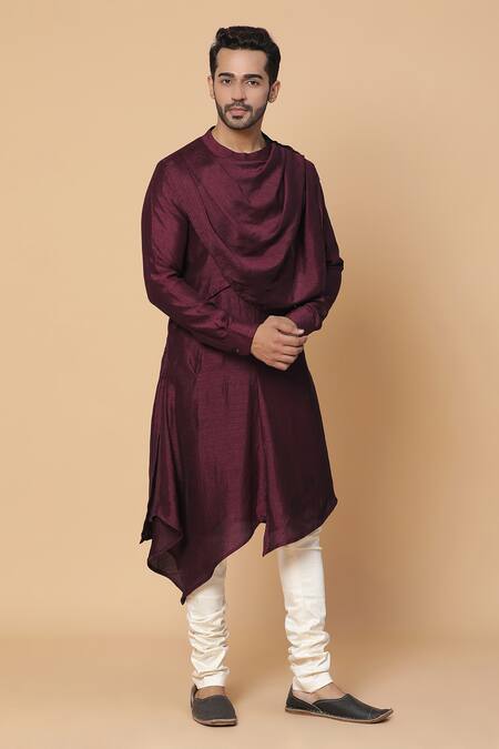Kudrat Couture_Maroon Silk Cowl Neck Kurta And Churidar Set_Online_at_Aza_Fashions