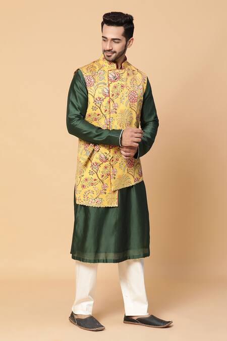 Kudrat Couture_Yellow Chanderi, And Lycra Floral Motifs Print Bundi & Kurta Set_Online_at_Aza_Fashions