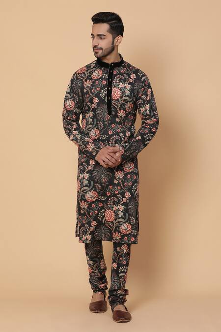 Buy_Kudrat Couture_Black Cotton Printed Floral Motifs Bundi With Kurta Set_Online_at_Aza_Fashions